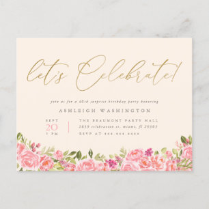 Invitation Carte Postale Rose Floral Gold Fêtons l'anniversaire surprenant