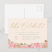 Invitation Carte Postale Rose Floral Gold Fêtons l'anniversaire surprenant (Devant / Derrière)