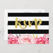 Invitation Carte Postale Rose Floral Noir Blancs Parties scintillant Or RSV (Devant / Derrière)