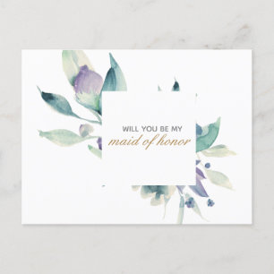 Invitation Carte Postale Rose florale aquarelle bleue Demoiselle d'Honneur