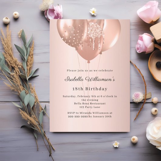 Invitation Carte Postale Rose gold balloons birthday 