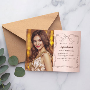Invitation Carte Postale Rose gold bow photo anniversaire dessiné à la main