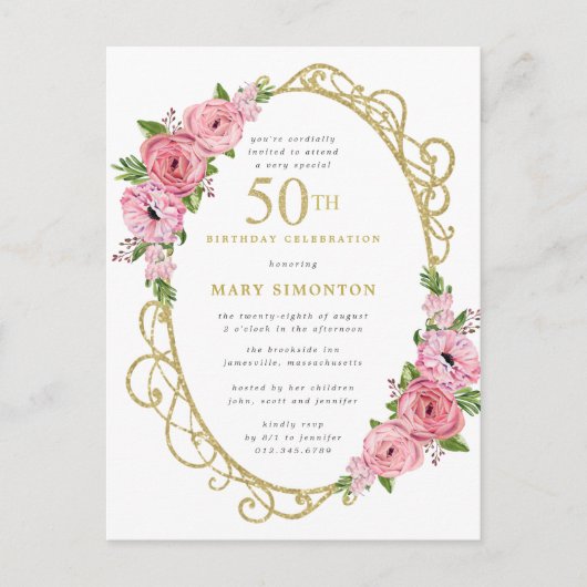Invitation Carte Postale Rose Gold Floral 50e (Devant)