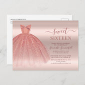 Invitation Carte Postale Rose Gold Glam Sweet 16 Script moderne (Devant / Derrière)