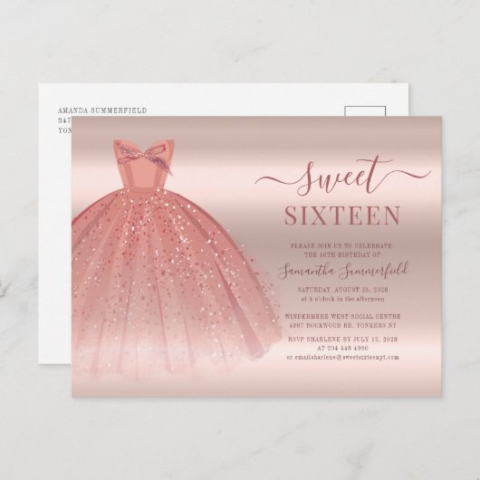 Invitation Carte Postale Rose Gold Glam Sweet 16 Script moderne (Devant / Derrière)