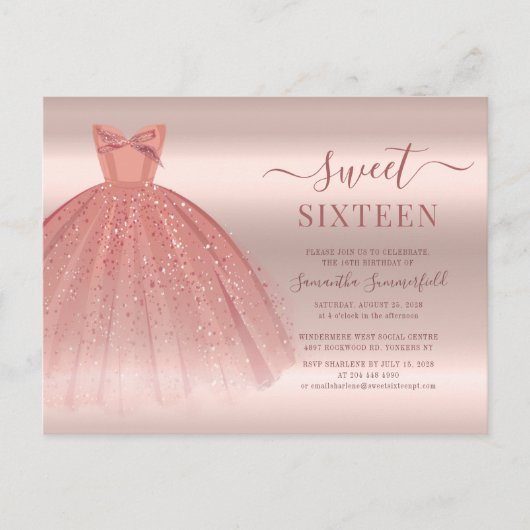 Invitation Carte Postale Rose Gold Glam Sweet 16 Script moderne (Devant)