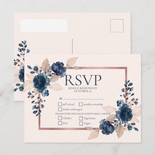 Invitation Carte Postale Rose Gold Navy Blue Dusty Pink Floral Wedding (Devant / Derrière)