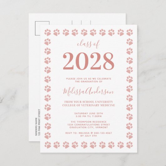 Invitation Carte Postale Rose Gold Paillettes Empreintes de Patte Diplômé (Devant / Derrière)