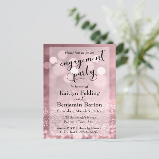 Invitation Carte Postale Rose Gold Parties scintillant Bokeh (Debout devant)