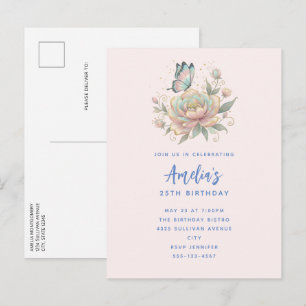 Invitation Carte Postale Rose Magique et Papillon Couleurs Pastel pour Anni