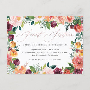 Invitation Carte Postale Rose manuscrit Gold Sweet 16 Anniversaire fête