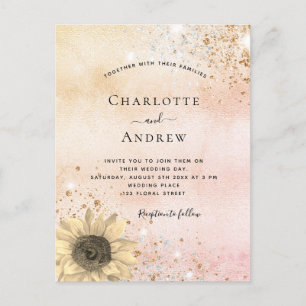 Invitation Carte Postale rose mariage or rustique tournesol parties scintil