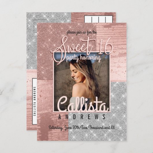 Invitation Carte Postale Rose moderne Gold Parties scintillant argent phot (Devant / Derrière)