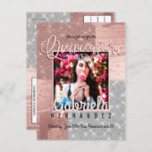 Invitation Carte Postale Rose moderne Parties scintillant d'argent en or Ph (Devant / Derrière)