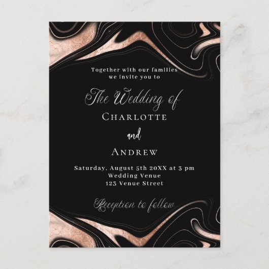 Invitation Carte Postale Rose noir marbre or mariage moderne (Devant)