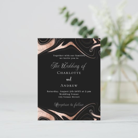 Invitation Carte Postale Rose noir marbre or mariage moderne (Debout devant)