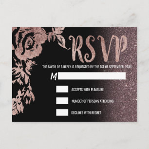 Invitation Carte Postale Rose noire or brillant floral RSVP