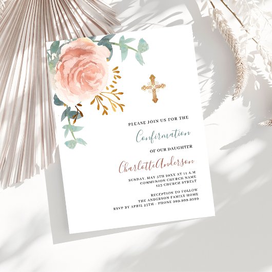 Invitation Carte Postale Rose or rose verdure or croix confirmation