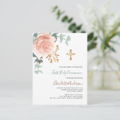 Invitation Carte Postale Rose or verdure croix première communion sainte (Debout devant)