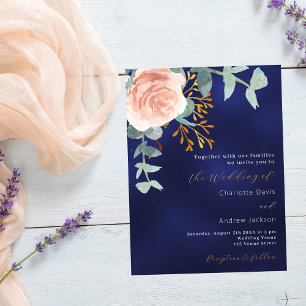 Invitation Carte Postale Rose or vert bleu marine mariage