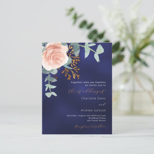 Invitation Carte Postale Rose or vert bleu marine mariage (Debout devant)