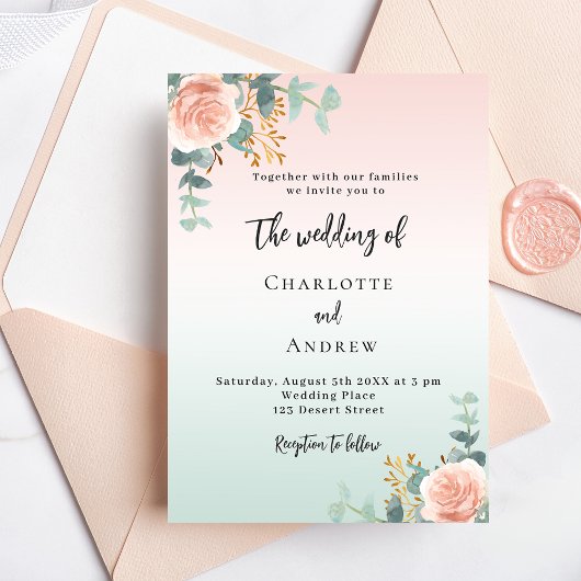 Invitation Carte Postale Rose or vert floraux mariage