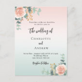 Invitation Carte Postale Rose or vert floraux mariage (Devant)