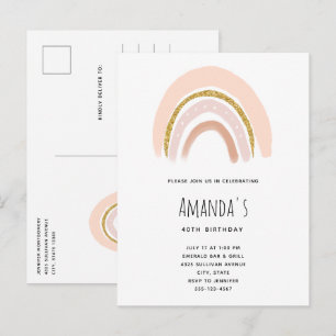 Invitation Carte Postale Rose pastel et arc-en-ciel bohème d'anniversaire à