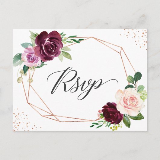 Invitation Carte Postale Rose Plum or violet Blush Floral Wedding RSVP (Devant)