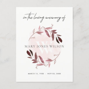 INVITATION CARTE POSTALE ROSE PURPLE FOLIAGE WREATT MERCI MÉMORIAL