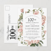 Invitation Carte Postale Rose rose Floral verdure 100e anniversaire (Devant / Derrière)