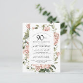 Invitation Carte Postale Rose Rose Floral Verdure 90e anniversaire (Debout devant)