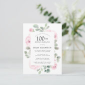 Invitation Carte Postale Rose rose florale Eucalyptus 100e fête d'anniversa (Debout devant)