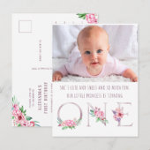 Invitation Carte Postale Rose rose mignonne or Floral Premier anniversaire  (Devant / Derrière)