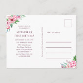 Invitation Carte Postale Rose rose mignonne or Floral Premier anniversaire  (Dos)