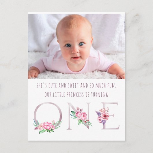 Invitation Carte Postale Rose rose mignonne or Floral Premier anniversaire  (Devant)