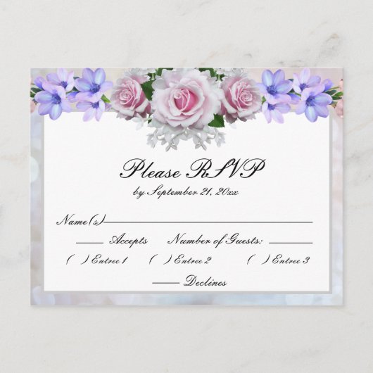 Invitation Carte Postale Rose rose | Réponse de mariage Bokeh argent (Devant)