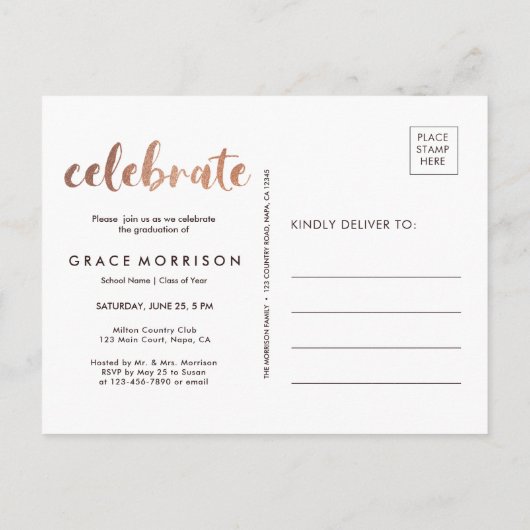 Invitation Carte Postale Rose tendance Gold Graduation Party Photo (Dos)