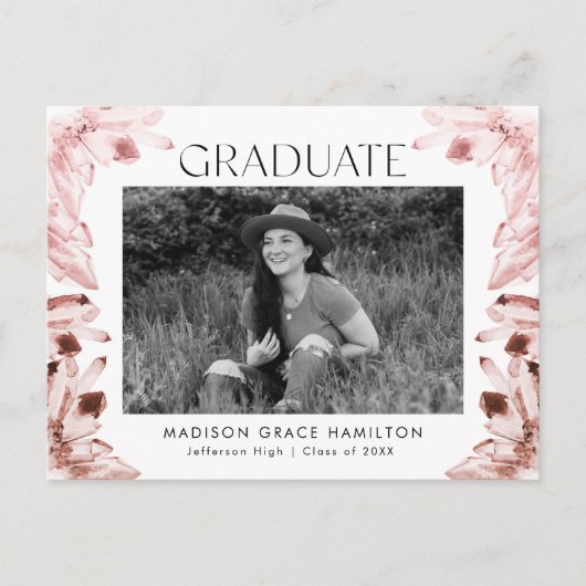 Invitation Carte Postale Rose Watercolor Crystal Photo Graduation Party (Devant)