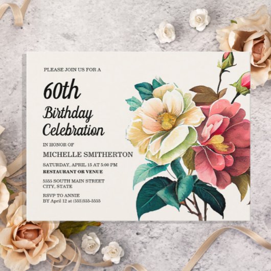 Invitation Carte Postale Roses blanches rouges 60e anniversaire femme