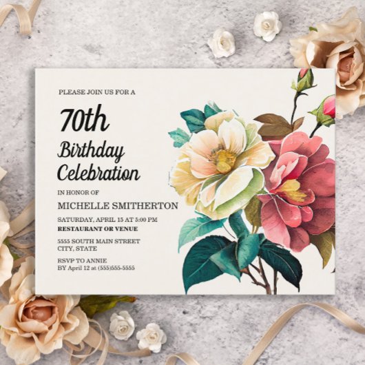 Invitation Carte Postale Roses blanches rouges 70e anniversaire femme