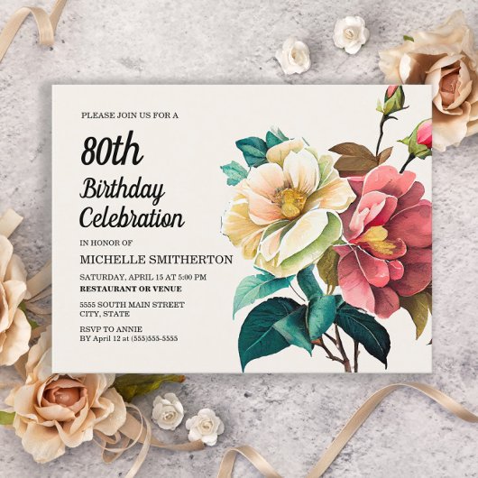 Invitation Carte Postale Roses blanches rouges 80e anniversaire