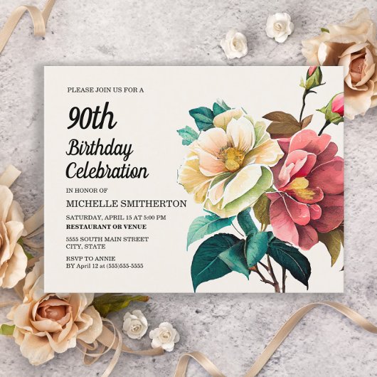 Invitation Carte Postale Roses blanches rouges 90e anniversaire