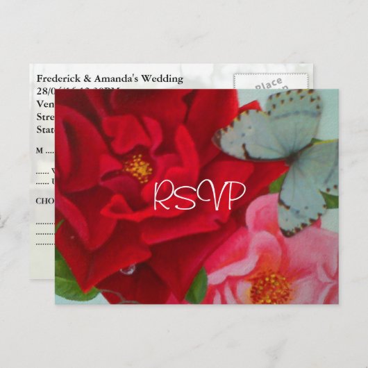 Invitation Carte Postale Roses et mariage des papillons Inviter RSVP avec p (Devant / Derrière)