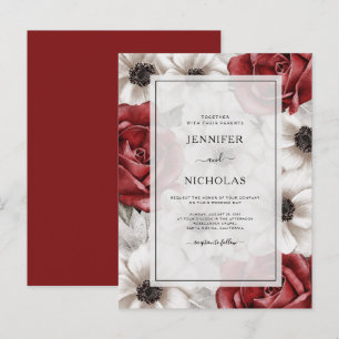 Invitation Carte Postale Roses Rouges Bourgogne Anémone Blanche Mariage Flo