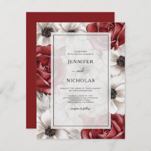 Invitation Carte Postale Roses rouges de Bourgogne blanc Anémone Mariage fl