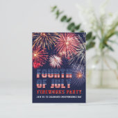 Invitation Carte Postale Rouge Bleu 4 juillet Feu d'artifice (Debout devant)