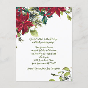 Invitation Carte Postale Rouge et blanc Poinsettia Holly Christmas Party