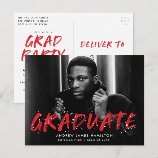 Invitation Carte Postale Rouge | Modern Paint Splatter Photo Graduation Par (Devant / Derrière)