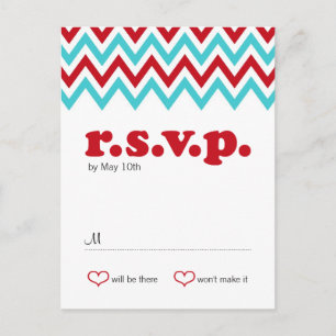 Invitation Carte Postale Rouge moderne et Aqua Chevron & Lovebirds RSVP